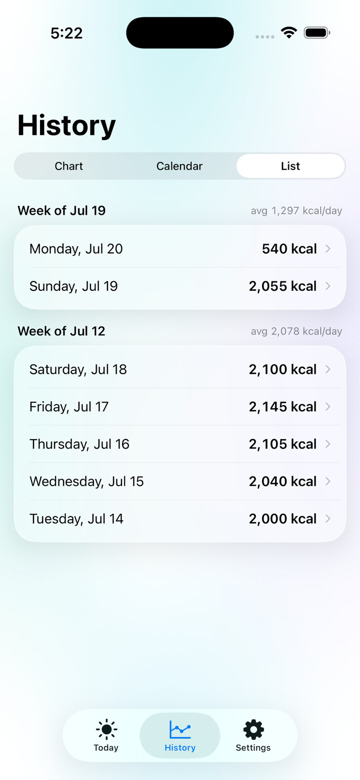 Grava's History list grouped by week, showing average calories per day for each week.