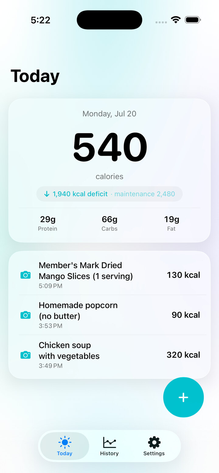 The Grava Today screen: 540 calories logged, a 1,940 kcal deficit against a 2,480 maintenance target, macros, and three logged meals.